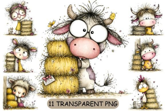 11 Whimsical Farm Animals PNG Set: A Versatile Design Resource for Farmhouse and Animal-Themed Projects