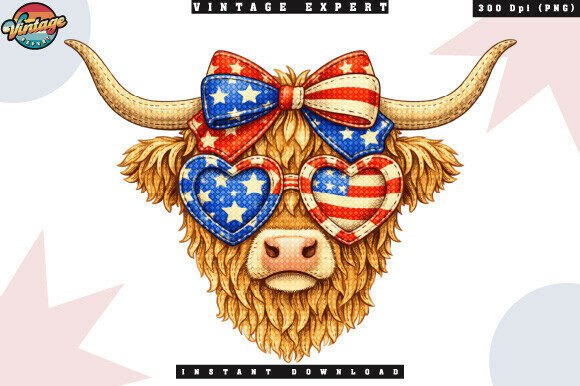 4th of July Highland Cow Patchwork PNG – A Patriotic Craft Essential