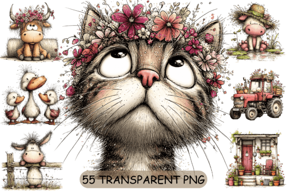 55 Spring Farm Animals PNG Clipart Set