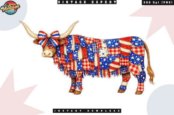 Americana Patchwork Highland Cow PNG: A Unique Design Element for Patriotic Crafts