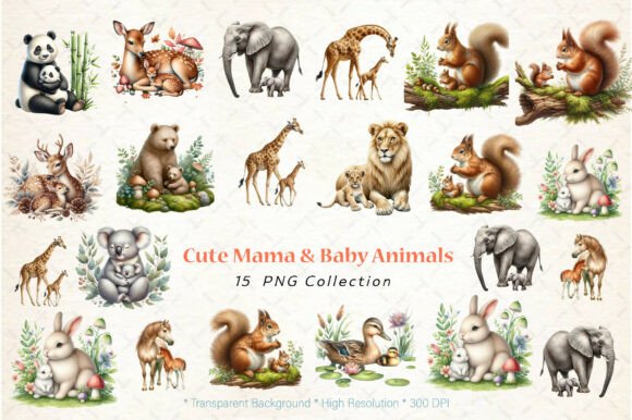 Cute Mama Baby Animals Watercolor: Creative Design Made Simple