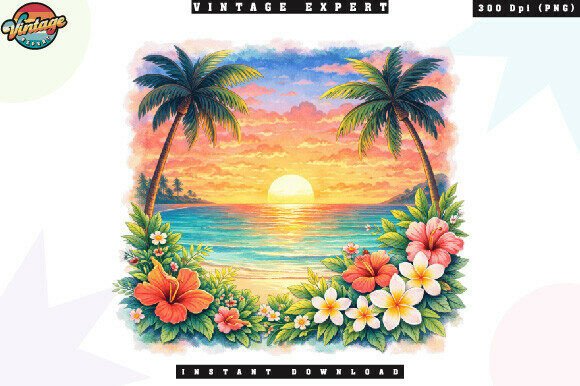 Enhance Your Designs with the Tropical Island Sunset Beach Scene PNG