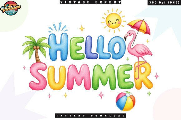 Hello Summer Flamingo Beach Fun PNG