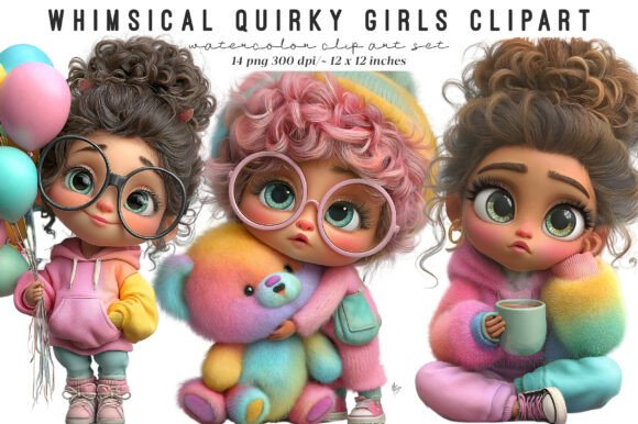 Whimsical Quirky Girls Clipart: A Versatile Visual Asset for Creative and Business Projects